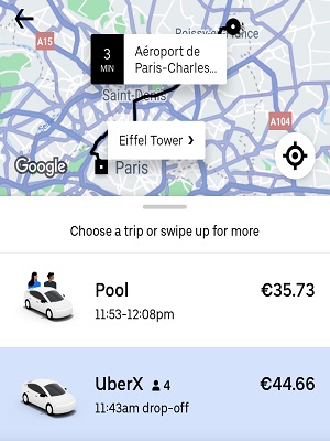 ir del aeropueto Charles de Gualle a la Torre Eiffel en uber