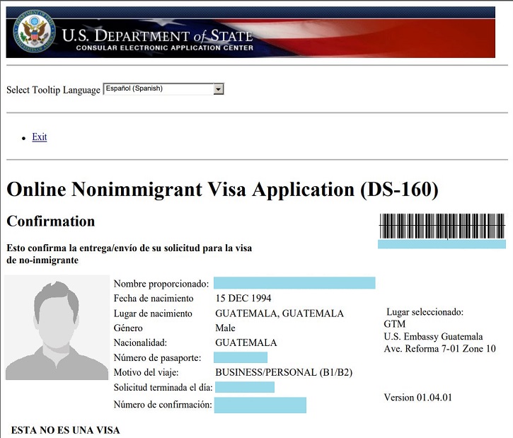 Confirmación de formulario DS-160 para la visa americana en guatemala
