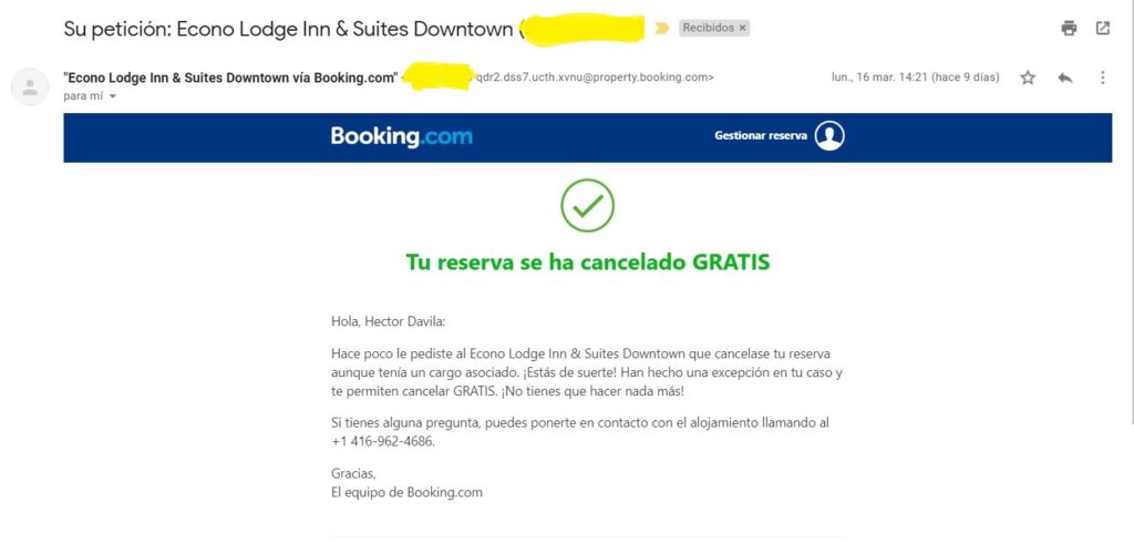 reserva cancelada en booking